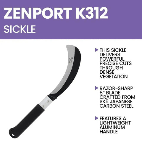 Heavy Duty Harvest Sickle With Carbon Steel Blade And Aluminum Handle, 8 Inch Straight Edge Hook Blade, Black Rubber Grips
