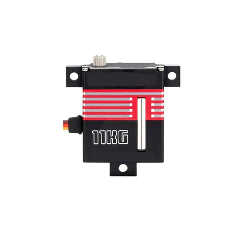 OCS D1102 Digital Micro Servo Featuring Coreless Motor Wing Setup 11kg Cm Torque showing front view with red stripes and connector.