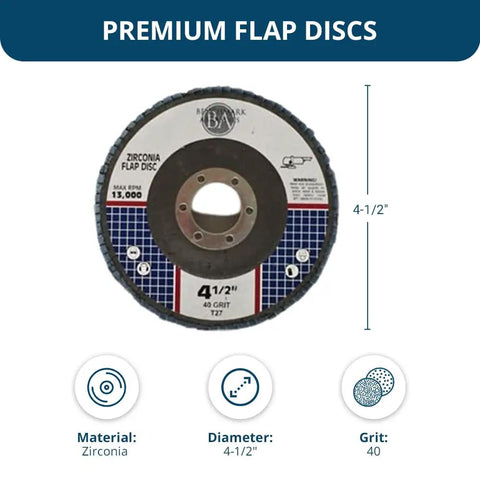 Pro Grade Zirconia T27 Flat Flap Discs 4.5 Inch Diameter With 7/8 Inch Arbor For Angle Grinders 40 Grit 10 Pack Sanding Finishing Stock Removal And Rust Removal