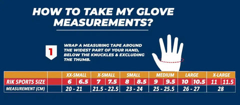 Measurement guide with hand image for Dope Style Fencing Glove with Padded Amara Leather and Real Leather, glove size chart in cm.