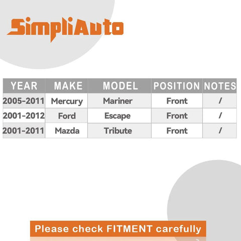 Fitment guide for Front Wheel Bearing Assembly 510072 Compatible With Ford Escape 2001 2012 Mazda Tribute 2001 2011 models