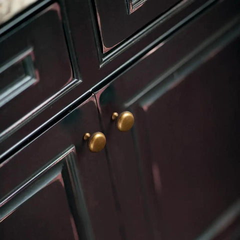 Antique Brass Kitchen Cabinet Knobs 6 Pack Beaded Edge Vintage Design For Farmhouse And Drawer Hardware installed on cabinet