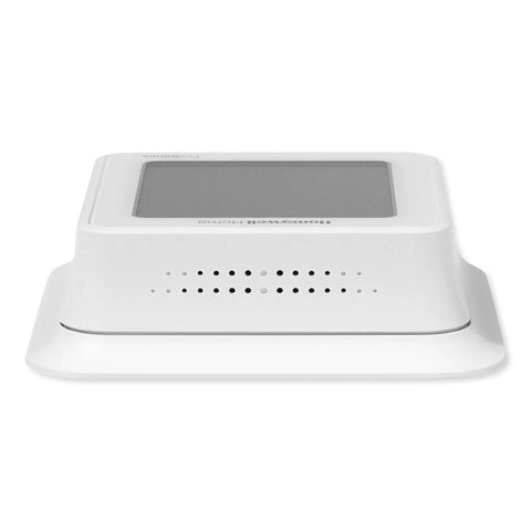 No Sweat Wiring Z Wave Plus Programmable Touchscreen Thermostat featuring Smartstart Automation in crisp white, side view.