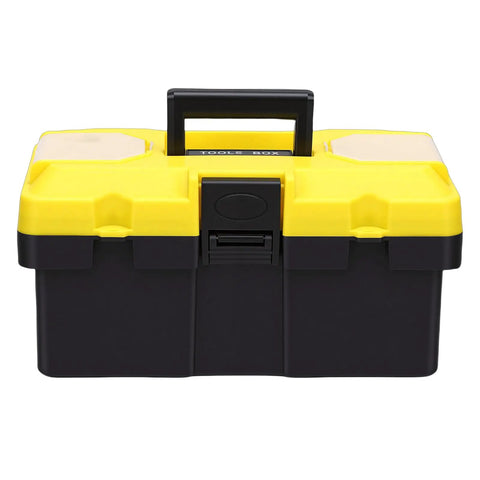 13 Inch Plastic Toolbox With Secure Locking Latch Ergonomic Handle Detachable Tray And Padlock Ready Design in yellow and black