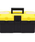 Front view of Rugged 13 Inch Plastic Tool Box With Secure Locking Latch And Removable Tray For Home Garage Or Truck Storage Padlock Ready