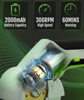 Close-up of cordless rotary cardboard cutter with titanium coated blade, highlighting 2000mAh battery, 300 RPM, 60 min runtime.