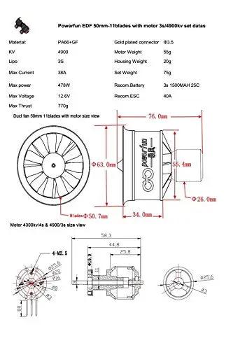 Technical diagram of 50mm 11 Blades Ducted Fan With RC Brushless Motor 4300KV for EDF 4S RC Jet Airplane showing dimensions and specs