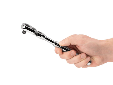 Hand holding Three Eighths Inch Drive Eight Inch Flex Head Quick Release Ratchet With 180 Degree Flex 9 Position Detents 90 Tooth Gear.