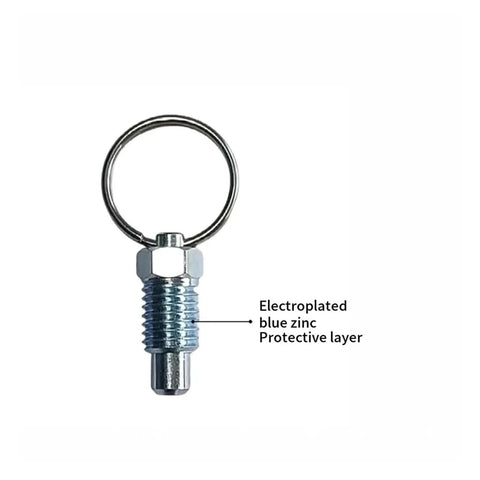 Rock Solid Two Pack Retractable Align Pins With Hassle Free Pull Tab Lock Design Made From Heavy Duty Carbon Steel And Rust Resistant Zinc Plating For Stress Free Machine Shop Setup M8 Short Spec with electroplated blue zinc coating.