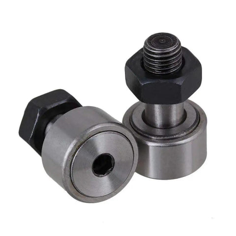 Heavy Duty CF8 KR19 Steel Cam Follower Bolt Type Needle Roller Bearing 4 Pack showing two cylindrical roller bearings with male threads.