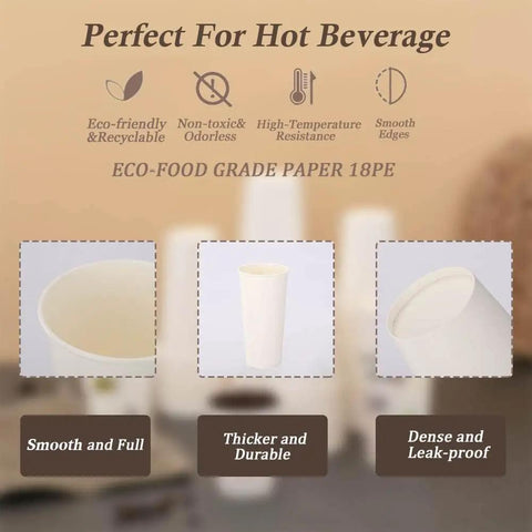 180 Pack 16 Oz Disposable Coffee Cups White Paper Cups For Hot Or Cold Beverages Water Juice Or Tea Sturdy Anti Leak With Rolled Rim Food Grade Perfect For Office Parties Home And Travel On The Go showing smooth surface and eco-friendly features