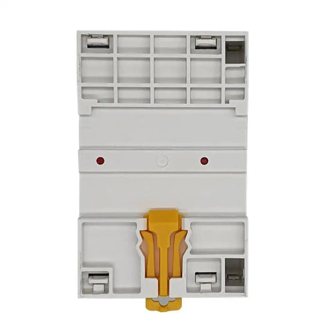 Back view of a 4 Pole 63A AC Contactor with 110V 120V coil, mounted on 35mm DIN rail for control panels and equipment.
