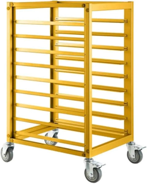 Five Inch Light Duty Threaded Stem Caster Wheels Providing Dead Simple Mounting And Smooth Sailing Mobility For Utility Carts Workbenches Supporting 140 Lbs Per Wheel No Worries Rolling Hardware Swap on a yellow utility cart.