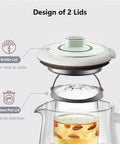 All In One Health Pot Electric Kettle With Infuser, Glass Kettle And Stew Pot, 16 Menu Boil Functions, 1.8L Capacity, 120V US Plug, Egg Rack For Five Eggs, Green. Close-up of kettle's dual lid design showing kettle and stew pot lids.