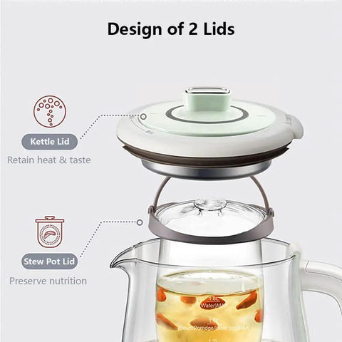 All In One Health Pot Electric Kettle With Infuser, Glass Kettle And Stew Pot, 16 Menu Boil Functions, 1.8L Capacity, 120V US Plug, Egg Rack For Five Eggs, Green. Close-up of kettle's dual lid design showing kettle and stew pot lids.