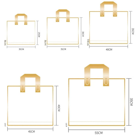 Diagram of various paper gift bag sizes with handles, showcasing dimensions. Relevant for 100 Pack Paper Gift Bags With Custom Logo For Weddings.