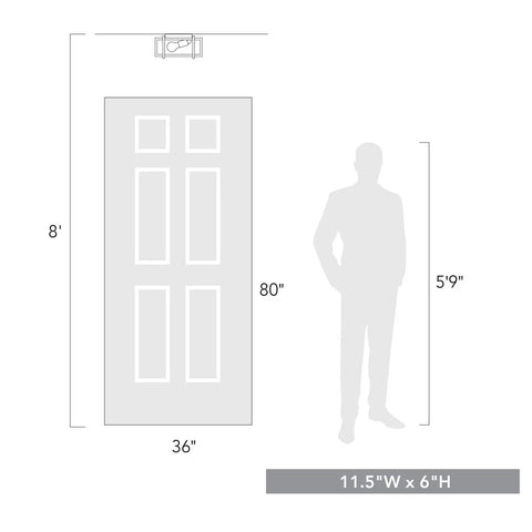 Size comparison image of Tribeca Two Light Flush Mount In Matte Black With Clean Geometric Frame next to a door and human silhouette.