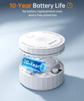 Sleek Wireless Smoke Detectors Three Pack Delivering Decade Long Protection And Seamless Radio Frequency Linkage shows 10-year battery life feature.
