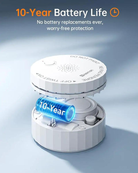 Sleek Wireless Smoke Detectors Three Pack Delivering Decade Long Protection And Seamless Radio Frequency Linkage shows 10-year battery life feature.