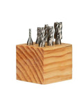 HHIP 4-flute high-speed steel end mill set, 6 pieces, 3/8-in shank, displayed in a wooden block.