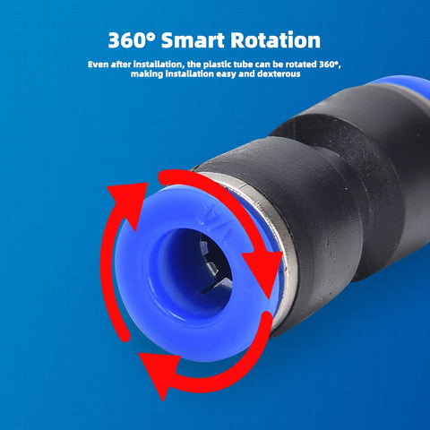 Push To Connect 60 Piece Air Hose Fittings Kit 1/4 Inch Tube showing 360-degree rotation detail with arrows and blue fitting
