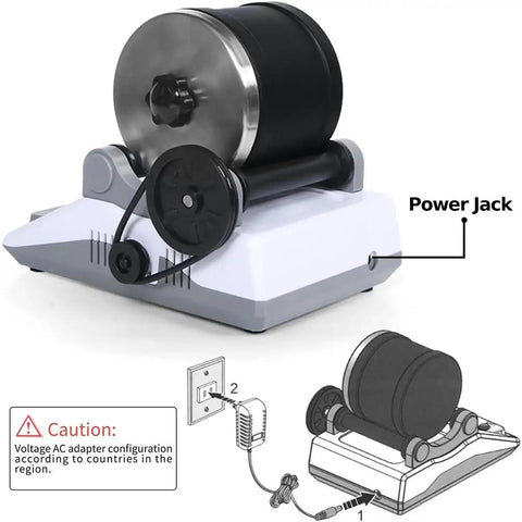 Rock Tumbler Kit For DIY Stone Polishing Complete Pro Rock Polisher with power jack and safety instructions illustration.