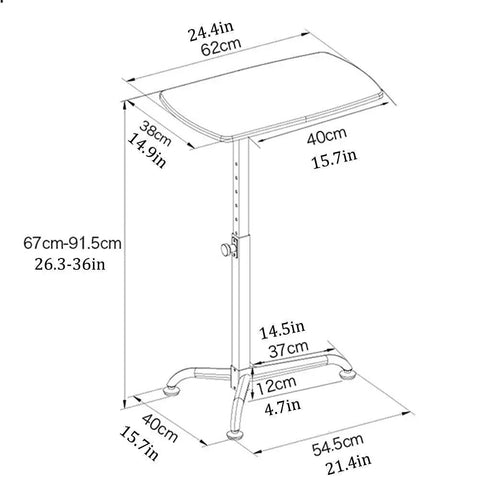 Height Adjustable Bedside Table Mobile Laptop Stand Couch Tray Cart Slick Foldable Design dimensions and specifications diagram.