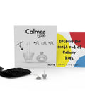Calmer Kids Ear Plugs For Noise Relief And Focus No Muffling Reusable Soft Silicone with packaging and storage pouch.