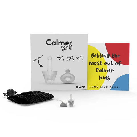 Calmer Kids Ear Plugs For Noise Relief And Focus No Muffling Reusable Soft Silicone with packaging and storage pouch.