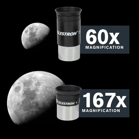 NexStar 127SLT Computerized Telescope eyepieces showing 60x and 167x magnification with moon detail in background