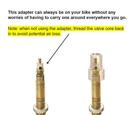 Brass Valve Adapter Set for Presta to Schrader with caution note, universal fit for bikes and e-scooters, in use demonstration.