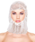 Model wearing 10 Pcs Disposable Nonwoven Bouffant Hair Caps With Straight Comfort Elastic Fit For Full Head And Face Shield White Protective Crew Hats For Daily Chores No Sweat Guarantee.