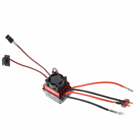 60A Brushed RC ESC With Cooling Fan For One Tenth Scale 4WD RC Trucks Six Volt Two Amp BEC Easy Install High Temperature And Low Voltage Protection Throttle Signal Loss Protection T Plug Compatible