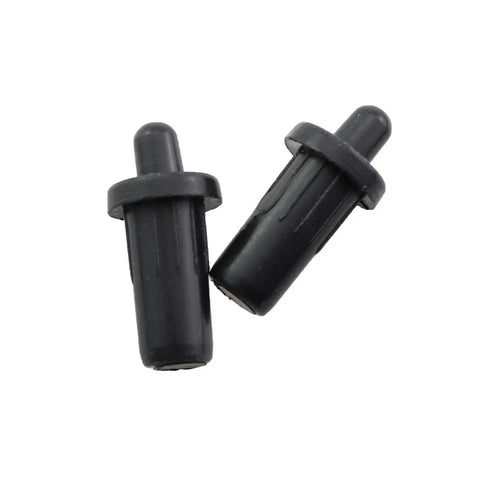 Top Shelf 30 Pack Of 25 Millimeter Black Spring Loaded Spacer Pins and Pivot Shafts for Heavy Duty Furniture Connectors No Fuss Cabinet Door Repair Parts close-up of two black spacer pins.