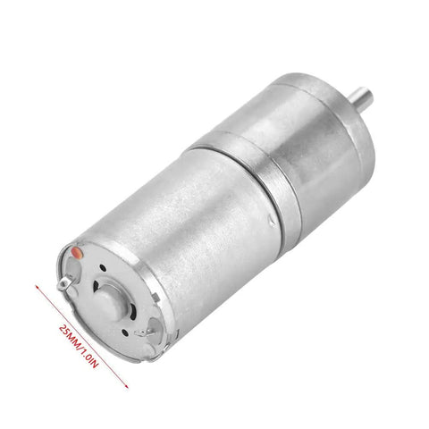 12V Brushed DC Gear Motor With 400 RPM Speed Reduction, Tiny 25mm Body, silver metal casing, visible 3mm shaft.