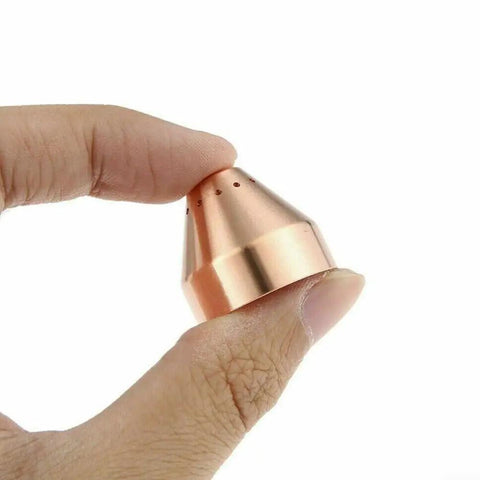 Hand holding a Five Pack 220817 Plasma Cutter Shield Nozzle Consumables Set for 65 85 105 Amp Plasma Machines, 85A Replacement Parts