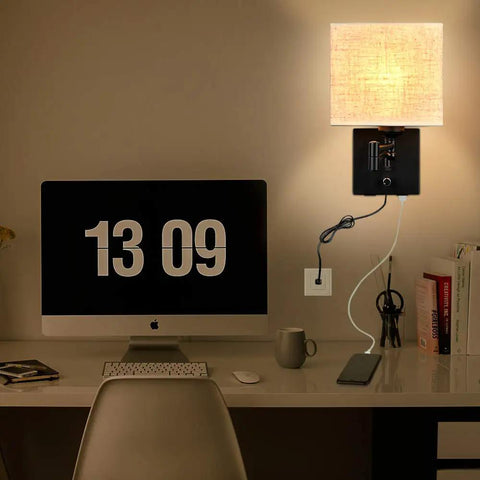 Plug In Wall Sconce With 2 USB Ports, Dimmable Swing Arm, 7 Inch Fabric Linen Shade above desk setup