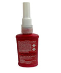 Red threadlocker bottle with white cap, front view, holding sealant for bolted joints, text on label, used in mechanical assemblies.
