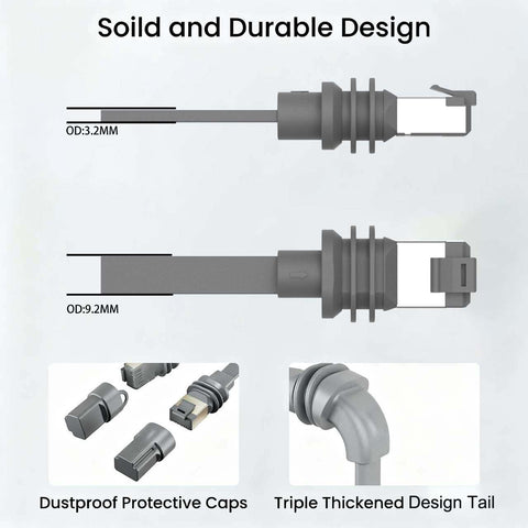Flat Cat 6A Ethernet Cable For Starlink Gen 3 And Mini 10Gbps High Speed RJ45 LAN Cable IP68 Waterproof, dimensions 9.2x3.2mm shown.
