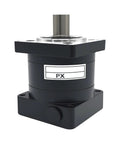 Nema 34 planetary gearbox with flange, black housing, PX label, top input shaft.