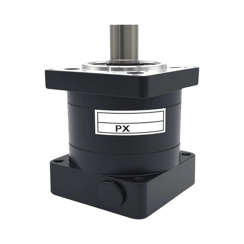 Nema 34 planetary gearbox with flange, black housing, PX label, top input shaft.