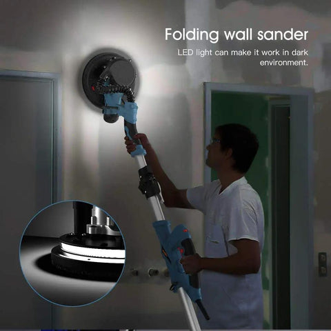 Person using Beast 800W Electric Drywall Sander With 5 Speed Settings Foldable Design for smooth plasterboard walls in dim light