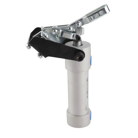 Heavy Duty Iron Air Clamp With G1/8 Interface, Pneumatic Hold Down Cylinder For Industrial Equipment Installation, Mechanical Operations, And Welding Fixtures shown upright