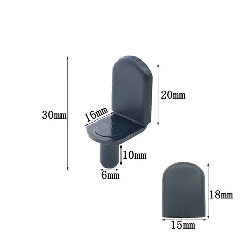 Hella Sturdy Cabinet Shelf Pins And Bracket Pegs With Rubber Sleeves For Adjustable Shelving Upgrades, black plastic peg set with dimensions.
