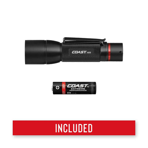 HX5 410 Lumen LED Flashlight With Pure Beam Focusing And Slide Focus shown in black with battery included