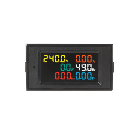 Front view of Power Detector Multi Function Meter With LCD Display showing voltage, current, power, energy, frequency, and power factor.