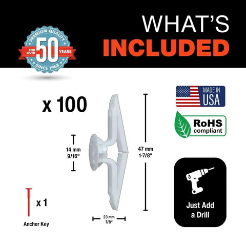 Heavy Duty Drywall Anchor System For Five Eighths To Three Quarters Inch Walls, One Shot Install, Made In USA, pack includes 100.