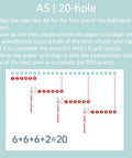 Diagram showing instructions for aligning and punching A5 paper with a 20-hole punch.