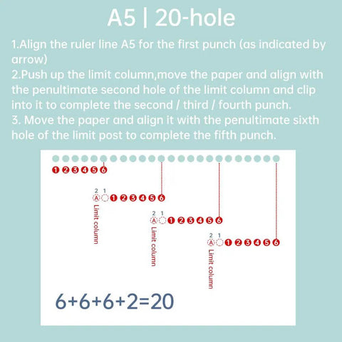 Diagram showing instructions for aligning and punching A5 paper with a 20-hole punch.