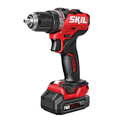 Side view of Power Core 12 Brushless 12V Compact Drill Driver and Impact Driver Kit with 2.0Ah Battery, red and black design